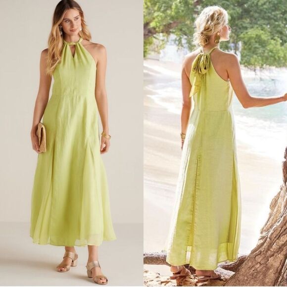 NWT Soft Surroundings Soliloquy Linen Halter Maxi Dress Yellow Linden Green